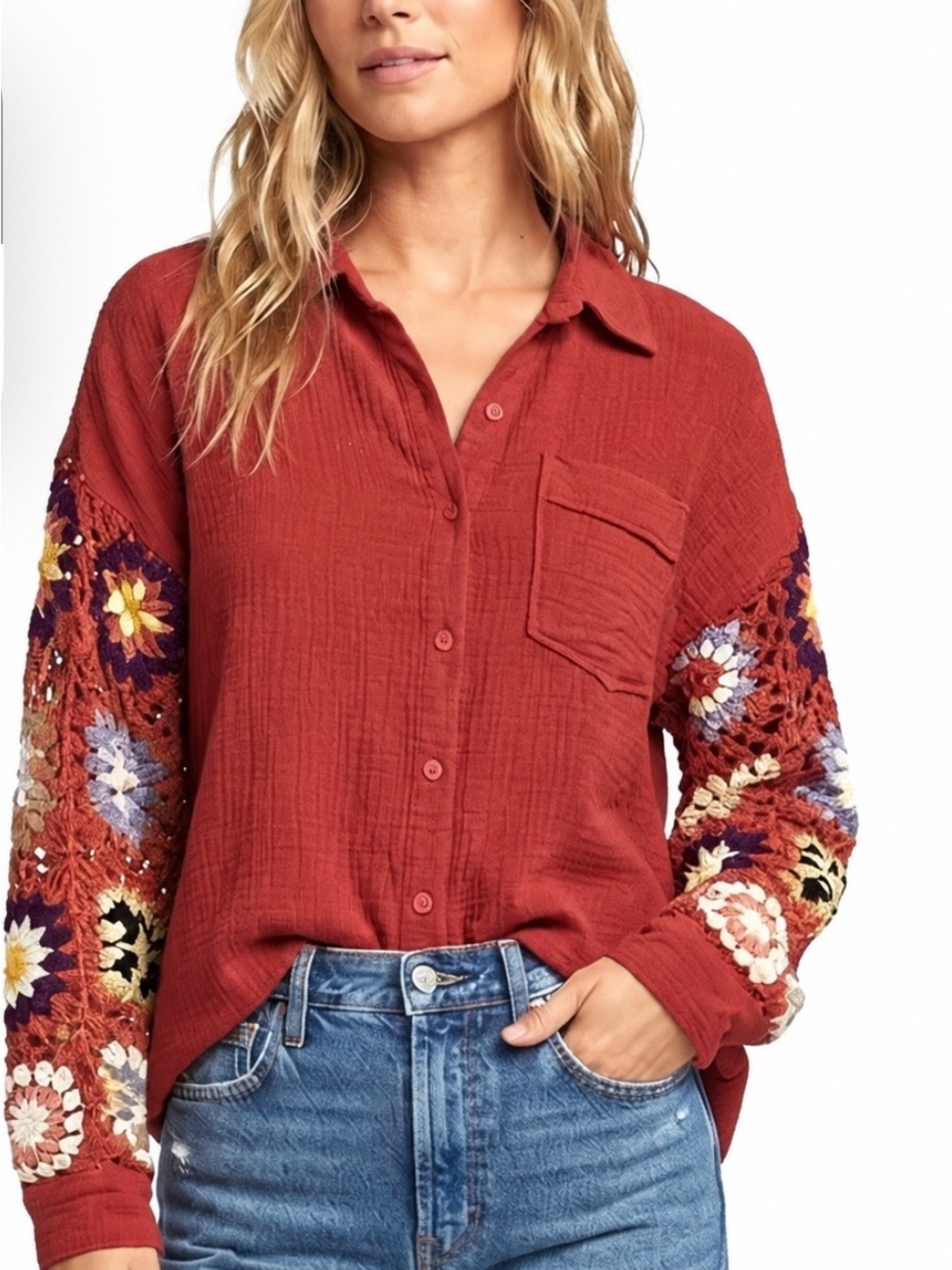 Bohemian Umgee Red Button Down Shirt with Crochet colorful granny square Sleeves